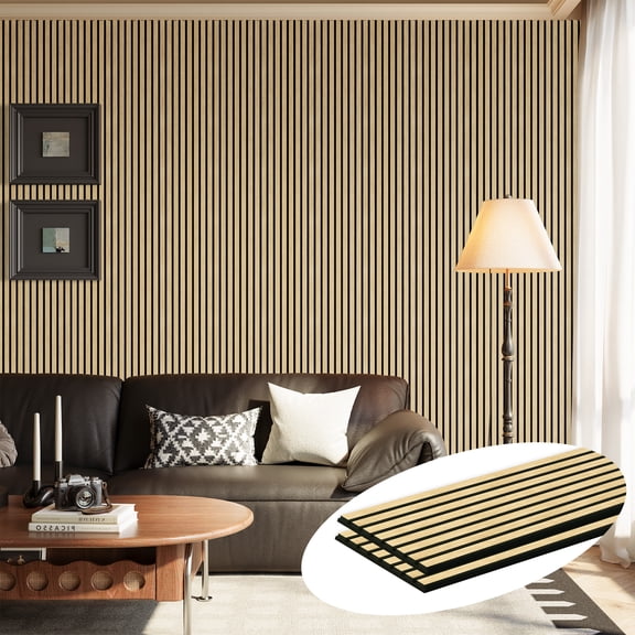 Plank & Hue 2Pcs 106"x12.6" Wood Slat Acoustic Wall Panels, 3D Fluted Soundproof Decorative Panels for Interior Walls, White Oak