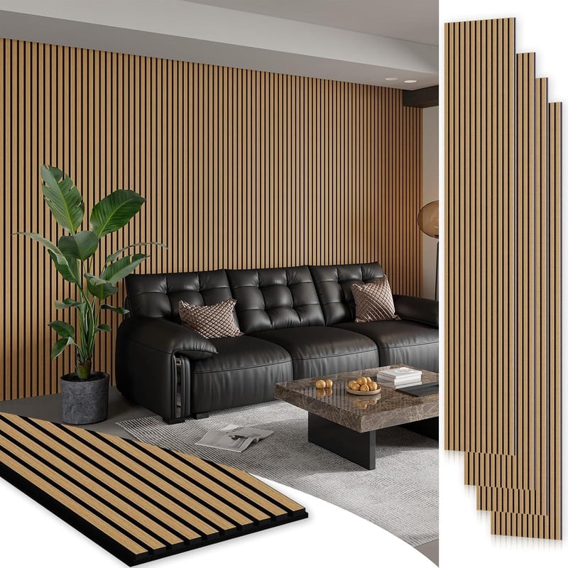 Plank & Hue 4Pcs 106"x12.6" Soundproof Wood Slat Panels Acoustic Wall and Ceiling Panels, American Oak