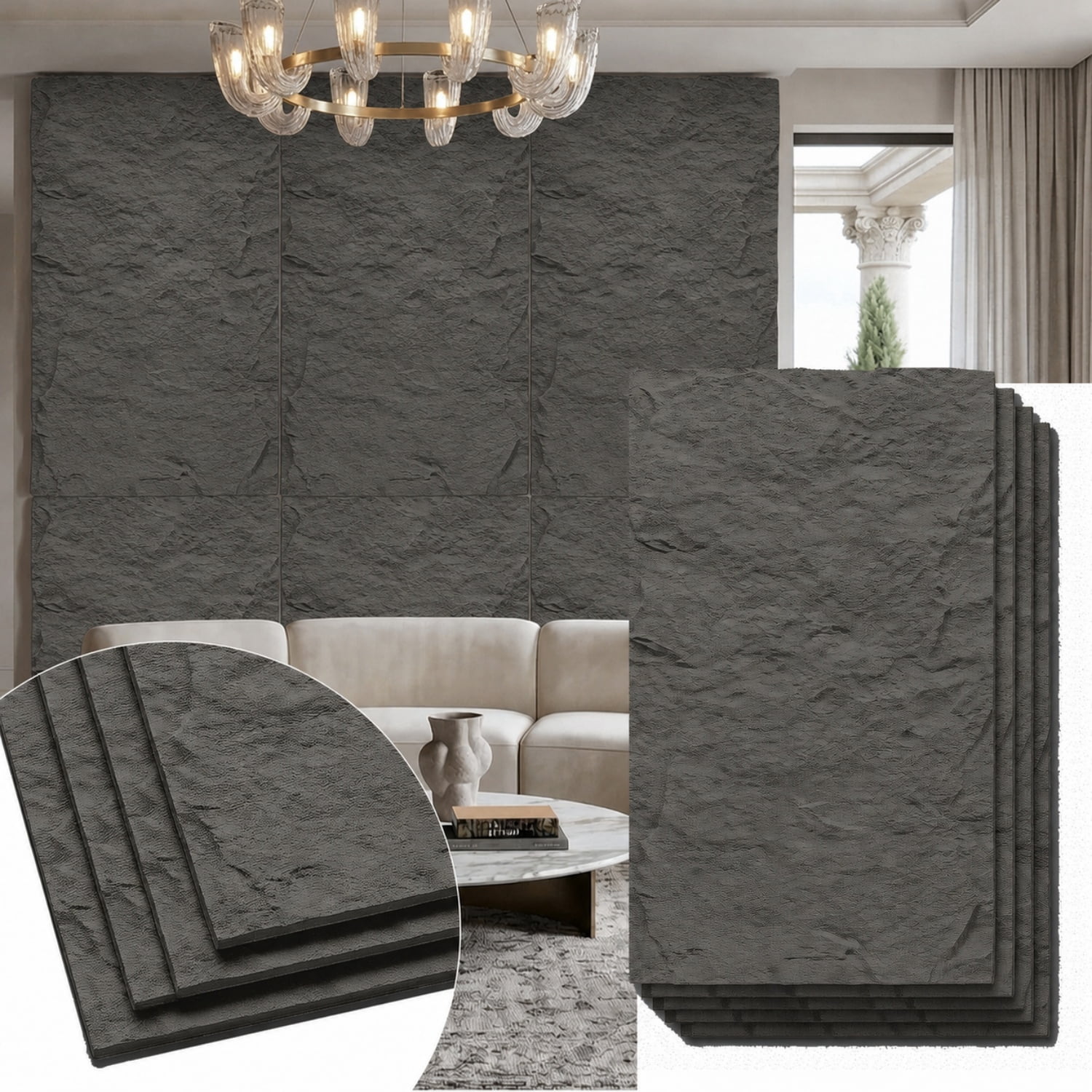 Plank & Hue 4Pcs 48"x24" 3D Faux Stone Wall Panels, Imitation Stone Wall Décor Wainscot Panel Board for Interior Accent Walls, Carbon Gray