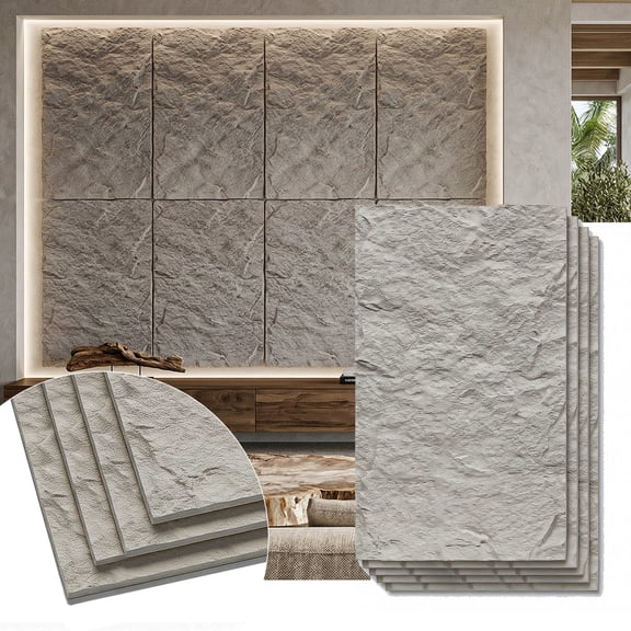 Plank & Hue 4Pcs 48"x24" 3D Faux Stone Wall Panels, Imitation Stone Wall Décor Wainscot Panel Board for Interior Accent Walls, Stone Gray