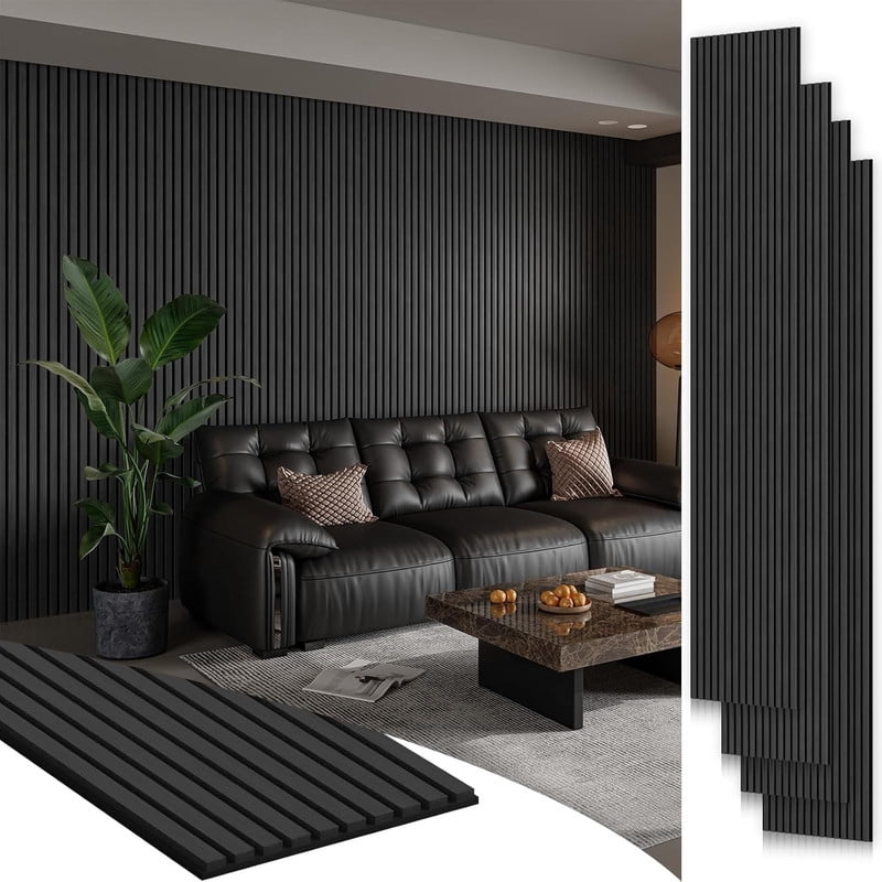 Plank & Hue 4Pcs 94.5"x12.6" Wood Soundproof Wall Panels Wood Slat Acoustic Panels, Dark Gray