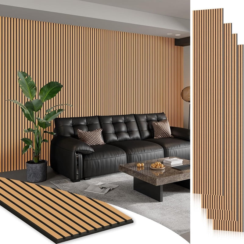 Plank & Hue 4Pcs 94.5"x12.6" Wood Soundproof Wall Panels Wood Slat Acoustic Panels, Light Brown