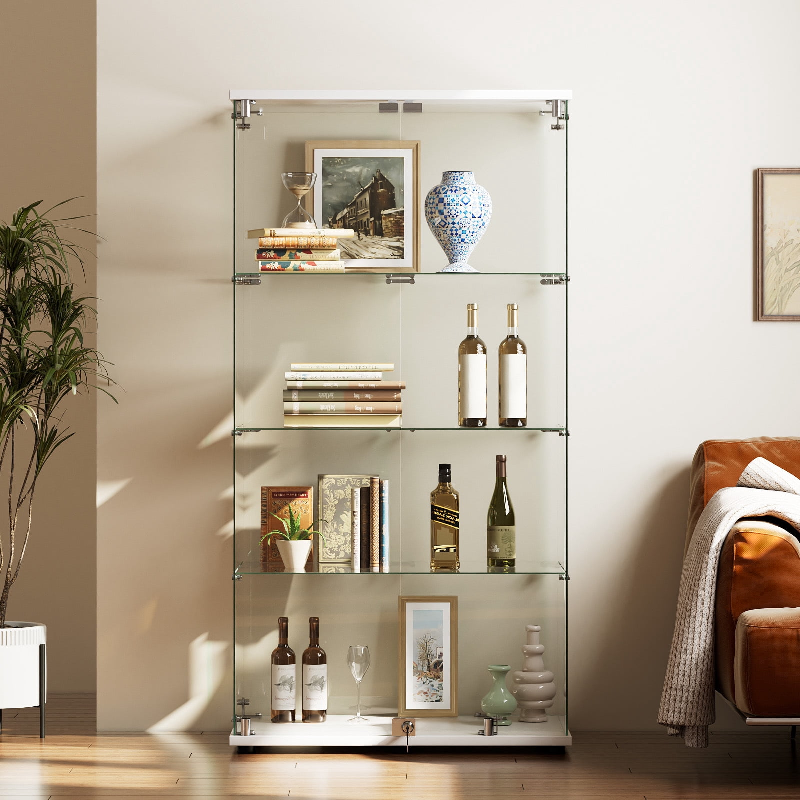 Clarvion 64" Tall Display Cabinet with Lock, 4-Tier Tempered Glass Display Case for Collectibles, Freestanding Double Door Showcase, White