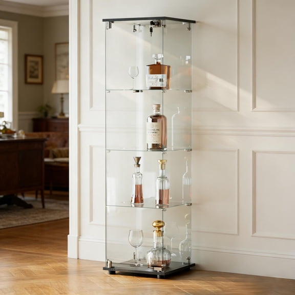 Clarvion 64" Tall Display Cabinet with Lock, 4-Tier Tempered Glass Display Case for Collectibles, Freestanding Single Door Showcase, Black