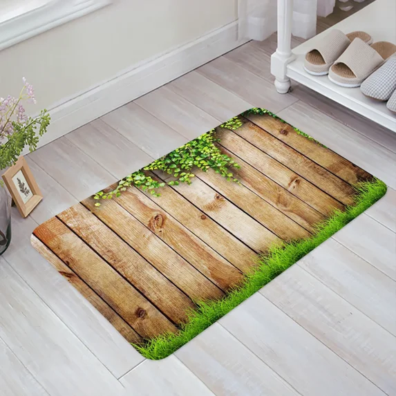 Planks Walls Leaves Green Grass Floor Mat Kitchen Bedroom Decor Carpet Home Hallway Entrance Doormat Bathroom Door Foot Rug