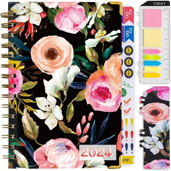 Planner 2024 Daily Weekly Monthly Planner, Hardcover Planner 13-Month School Organizer from DEC 2023 to DEC 2024, 5.5"x8.5", Spiral Notebook with Stickers, Inner Pocket, Coated Tabs, Rose