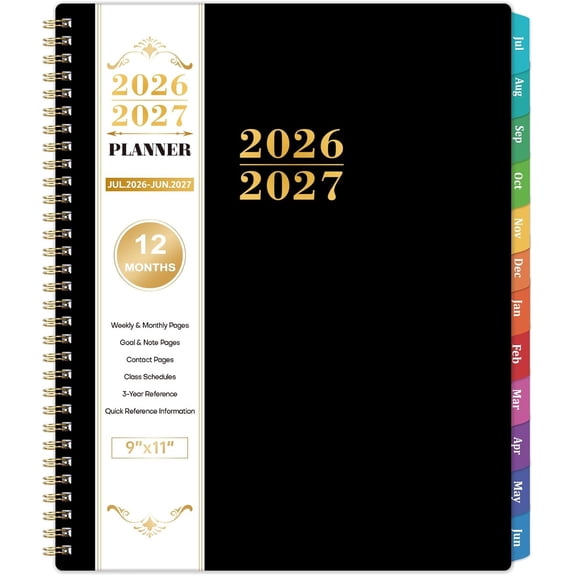 Planner 2026-2027 - Academic Planner 2026-27, Jul.2026 - Jun.2027, 9"x11", 2026-2027 Planners Weekly and Monthly with Colorful Tabs + Class Schedules + Back Pocket + Twin-Wire Binding - Black