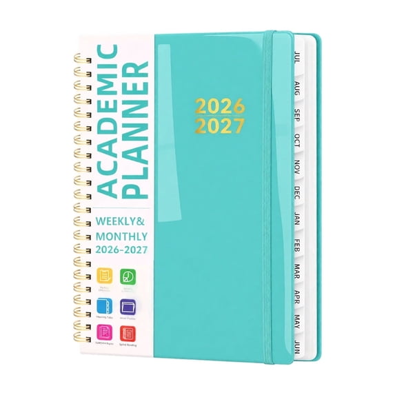 Planner 2026-2027 Weekly and Monthly Planner A5 Agenda Notebook with Durable Hardcover Twin-Wire Binding Monthly Tabs for School Office Cyan