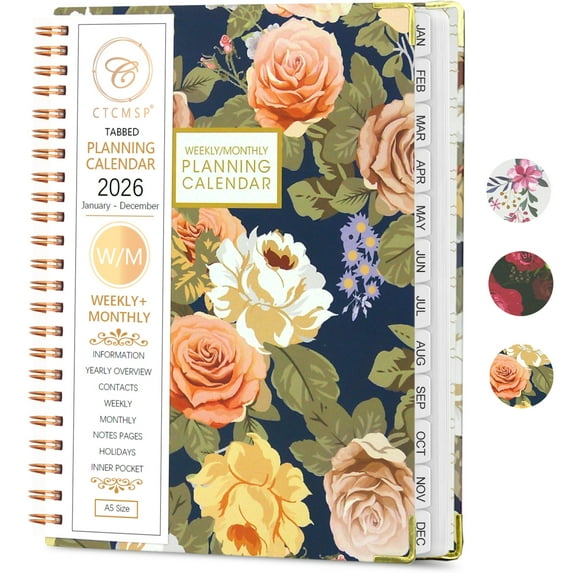 Planner 2026 Calendar Notebook(Jan-Dec.2026,6.3"x8.5") Weekly Monthly Flower Planner for Women Men 2026 Academic Planner Supplies