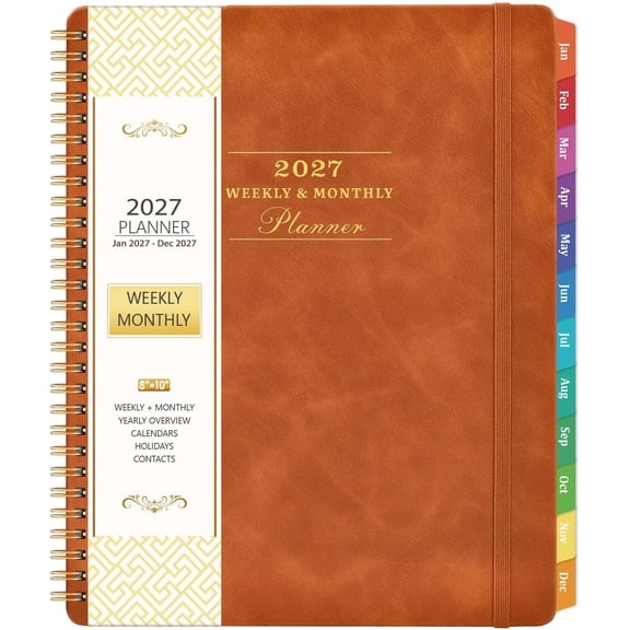 Planner 2027 - January 2027 - December 2027, 2027 Weekly Monthly Planner, 8" x 10", Leather Brown Cover, Spiral Bound, Tabs