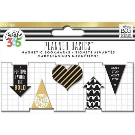Planner Basics Magnetic Clip Bookmark: Blck/White/Gold, 5 Pk