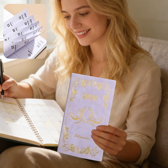 Planner Notebook, Weekly Monthly Schedule, 2026 Date, Soft Cover Paper, 6.93 x 3.74 in, Gold Foil Heart Border, Vintage Print