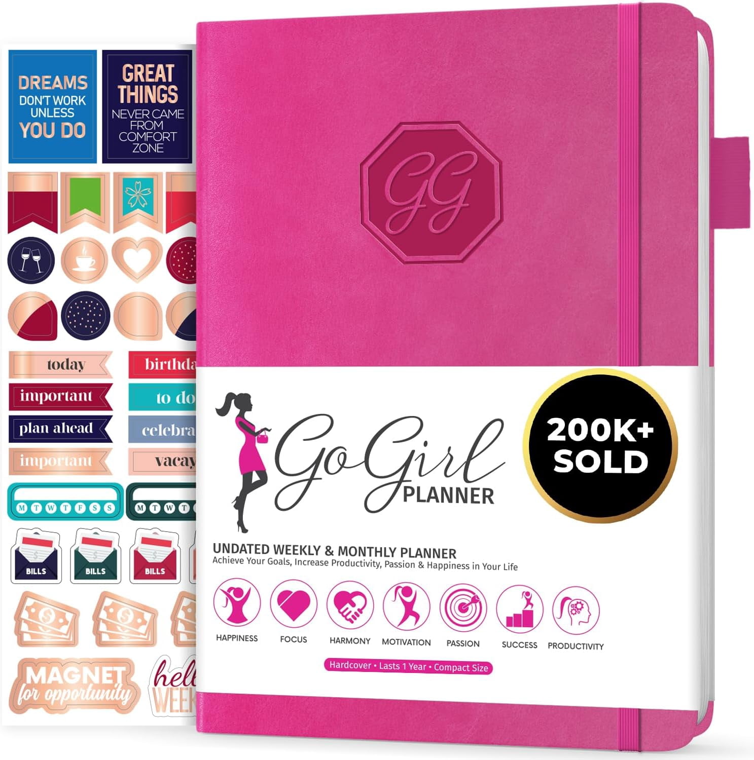 Planner and Organizer for Women – Compact Size Weekly Planner, Goals Journal & Agenda to Improve Time Management, Productivity Live Happier. Undated Start Anytime, Lasts 1 Year Hot Pink