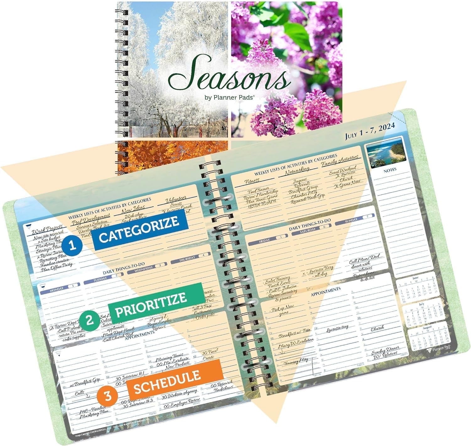 Planner Pad Spiral Bound 3Tier Funnel Down 12 Month Organizer, July