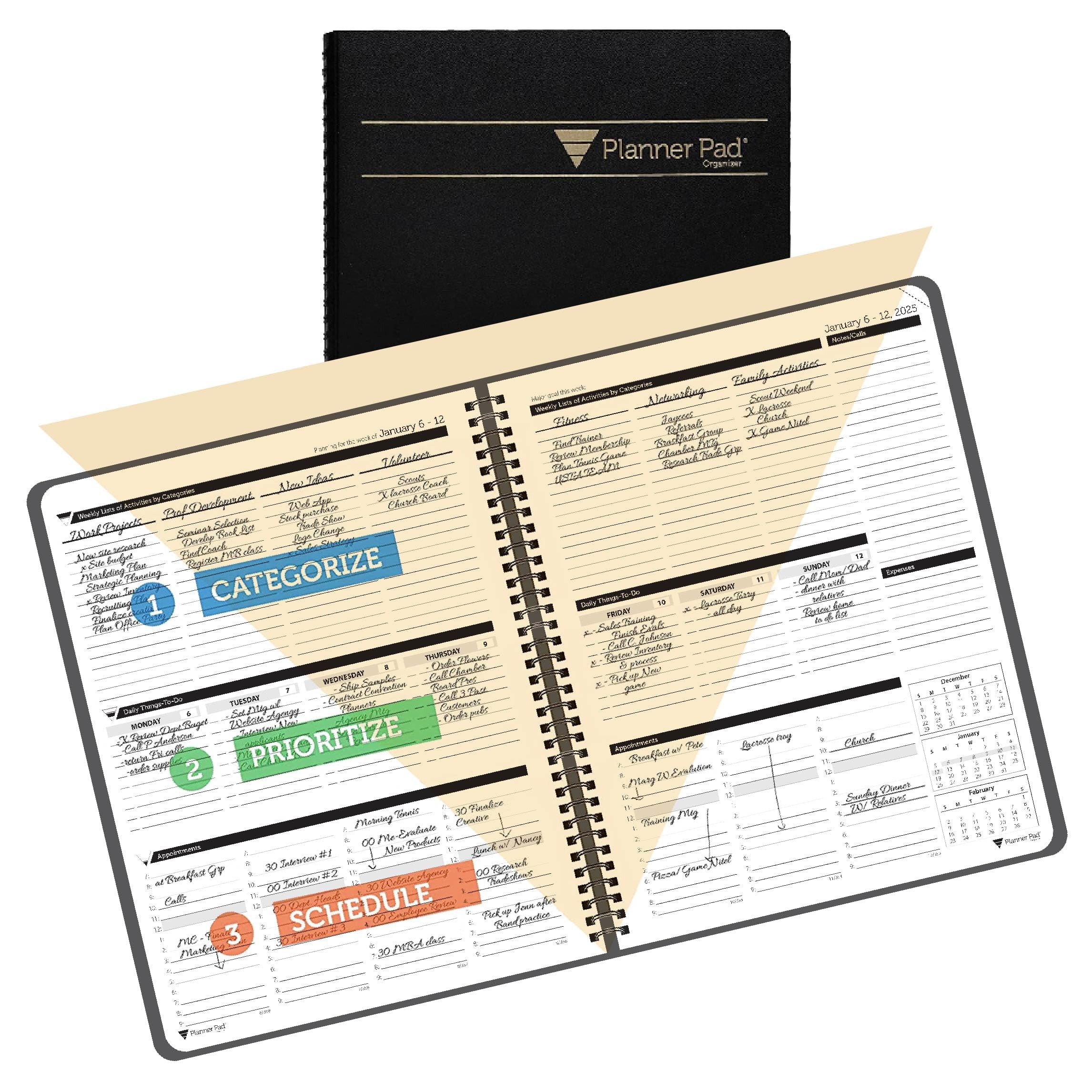 Pads Phone Number Planner Pad Spiral Bound January-December 2025/ Calendar  Year 8 1 2 X 11 Large 3 Tier Funnel Down 12 Month Organizer Black Cover  Black Ink Large Planner 2025