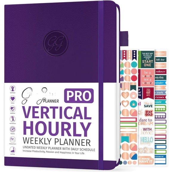 Planner Schedule - Undated Planner with Hourly Time Slots, Monthly, Weekly & Daily Organizer, Appointment Book for time Management, 7"x10" Hardcover, Lasts 1 Year - Purple