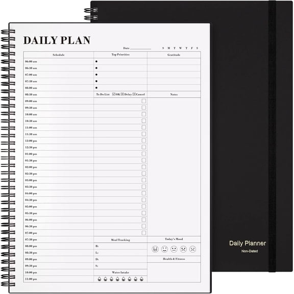 Planner Undated, Daily Planner Agenda with To Do List, Hourly Schedules for Women and Men, Spiral Appointment Book with Elastic Closure, Inner Pocket 8.5" x 11" (Black)