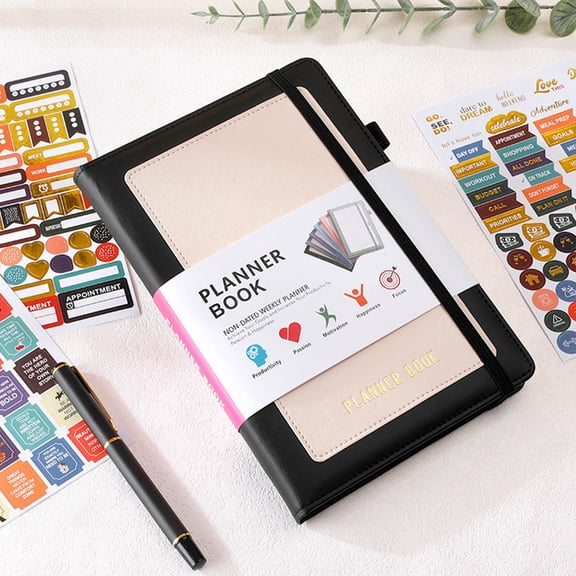 Planner Weekly Planner Monthly Planner, A5 Size Black Soft-Cover Vegan Leather Undated Notebook For Budget, Goals, Self-Care, Includes Stickers, Weekly Planner