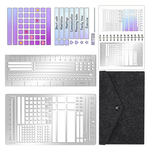 Planning Template Set for Journaling Routines, Metal Stencil with Ruler Scale, Box Cutouts, Task Tracking Spaces, Portable Schedule Organization