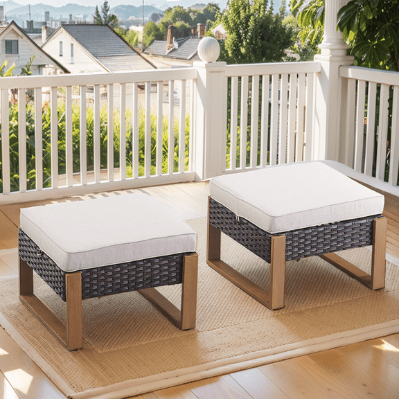 Planntonneo 2PCS Outdoor Wicker Ottoman Patio Rattan Furniture Footrest Seat Square Footstool with Beige Cushion
