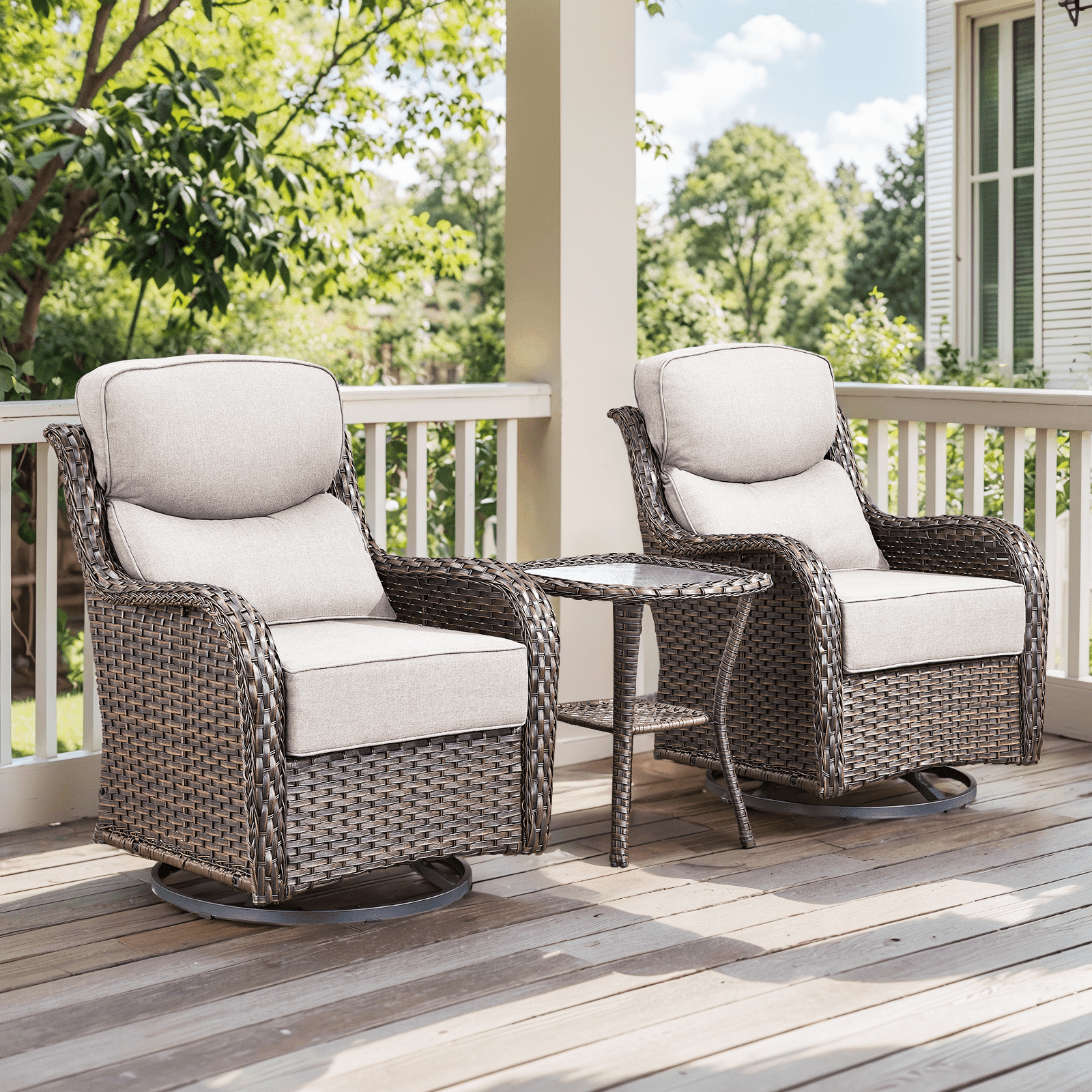 Planntonneo 3-Piece Patio Furniture Set - Wicker Swivel Glider Chairs with 6-Inch High-Resilience Cushions and Side Table, Brown/Beige