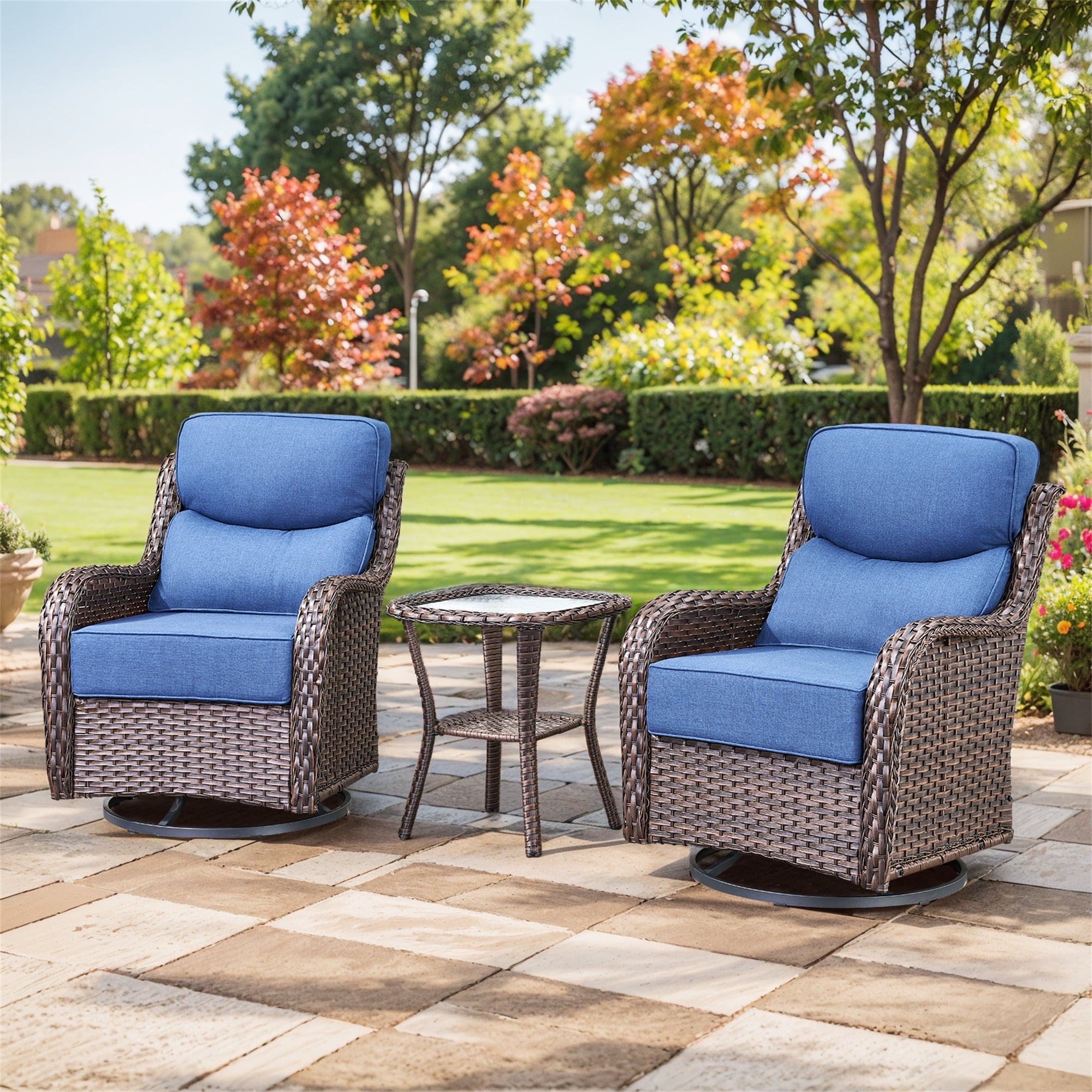 Planntonneo 3-Piece Patio Furniture Set - Wicker Swivel Glider Chairs with 6-Inch High-Resilience Cushions and Side Table, Brown/Blue