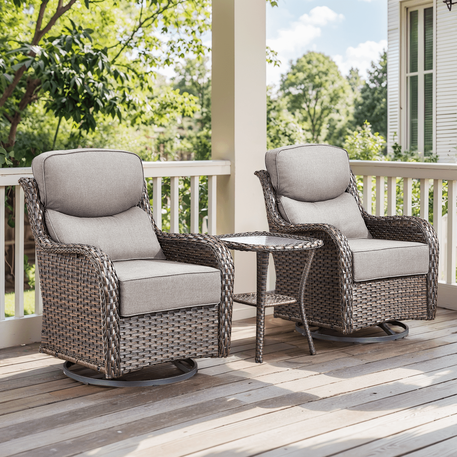 Planntonneo 3-Piece Patio Furniture Set - Wicker Swivel Glider Chairs with 6-Inch High-Resilience Cushions and Side Table, Brown/Grey