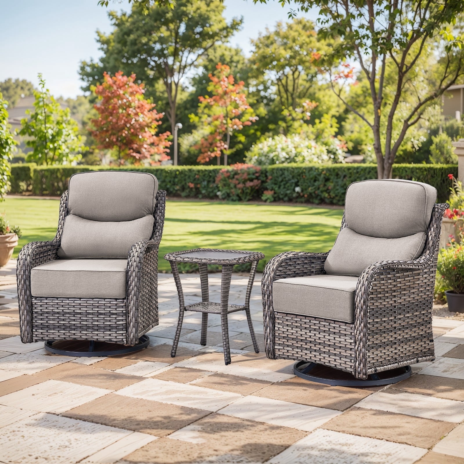Planntonneo 3-Piece Patio Furniture Set - Wicker Swivel Glider Chairs with 6-Inch High-Resilience Cushions and Side Table, Grey/Beige
