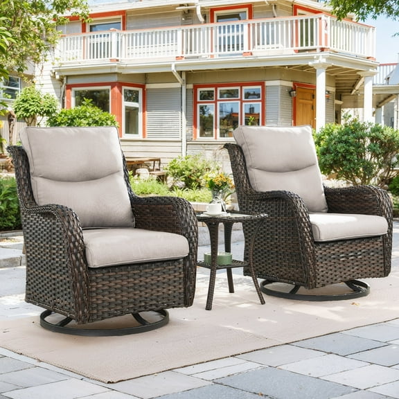 Planntonneo 3 Piece Wicker Patio Furniture Sets, Outdoor Swivel Rocking Chairs Set of 2 with 5-inch Thick Cushions and Rattan Side Table for Deck Porch Pool, Brown/Beige