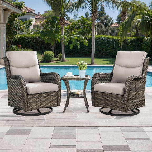 Planntonneo 3 Piece Wicker Patio Furniture Sets, Outdoor Swivel Rocking Chairs Set of 2 with 5-inch Thick Cushions and Rattan Side Table for Deck Porch Pool, Grey/Beige