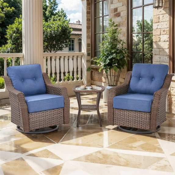 Planntonneo 3 Piece Wicker Patio Furniture Sets, Outdoor Swivel Rocking Chairs Set of 2 with 6-inch Thickened Cushions and Rattan Side Table for Deck Porch Pool, Brown/Blue