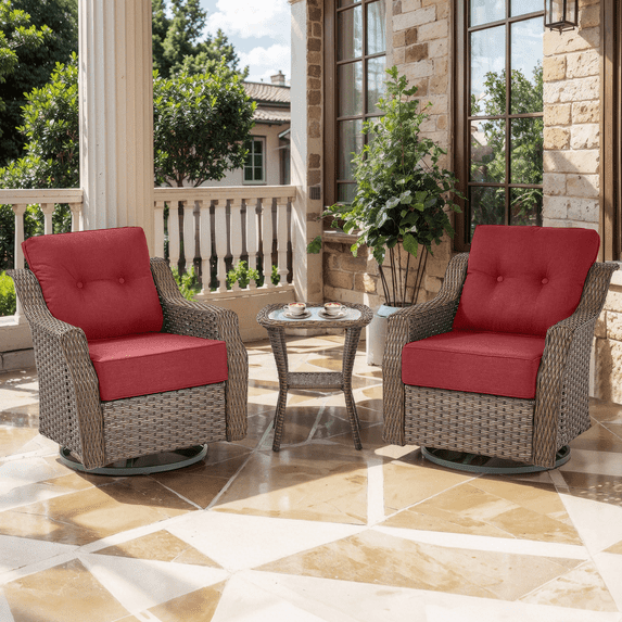 Planntonneo 3 Piece Wicker Patio Furniture Sets, Outdoor Swivel Rocking Chairs Set of 2 with 6-inch Thickened Cushions and Rattan Side Table for Deck Porch Pool, Brown/Red