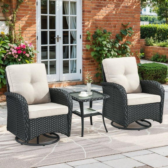 Planntonneo 3 Piece Wicker Patio Furniture Sets, Outdoor Swivel Rocking Chairs Set of 2 with Rattan Side Table for Deck Porch Pool, Black/Beige