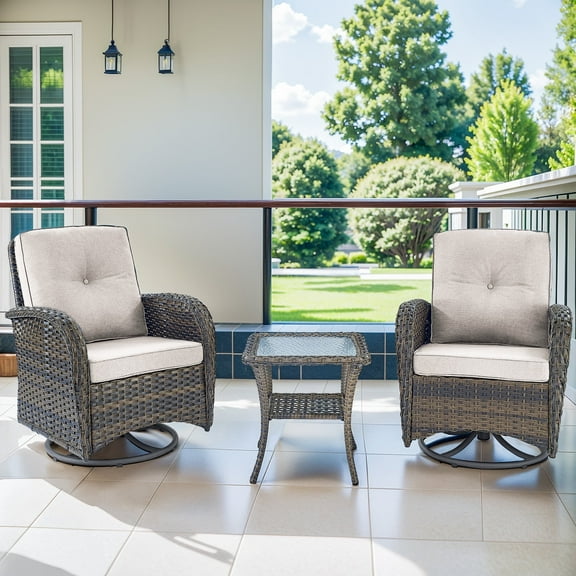 Planntonneo 3 Piece Wicker Patio Furniture Sets, Outdoor Swivel Rocking Chairs Set of 2 with Rattan Side Table for Deck Porch Pool, Brown/Beige