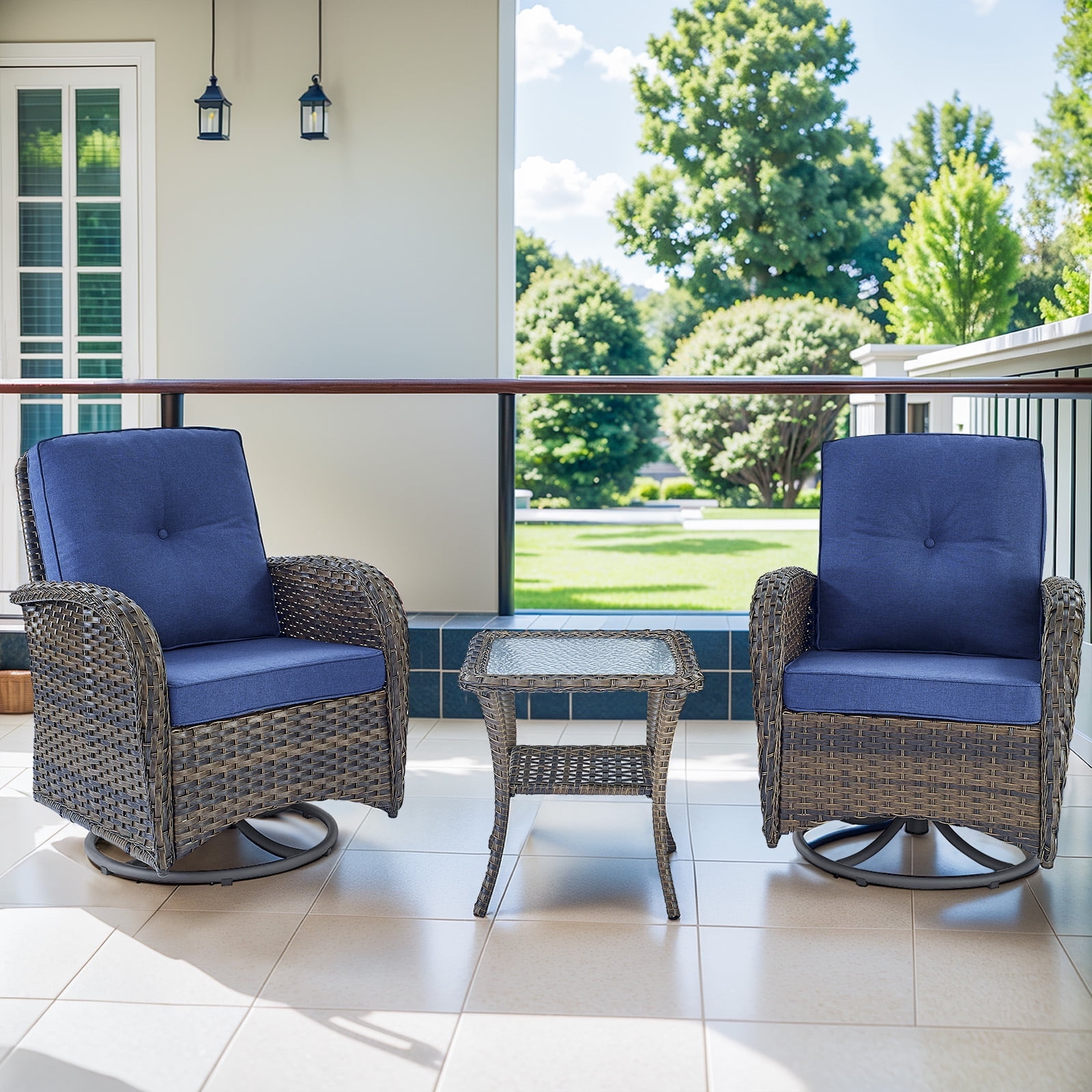 Planntonneo 3 Piece Wicker Patio Furniture Sets, Outdoor Swivel Rocking Chairs Set of 2 with Rattan Side Table for Deck Porch Pool, Brown/Blue