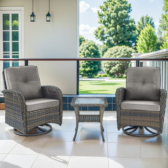 Planntonneo 3 Piece Wicker Patio Furniture Sets, Outdoor Swivel Rocking Chairs Set of 2 with Rattan Side Table for Deck Porch Pool, Brown/Grey