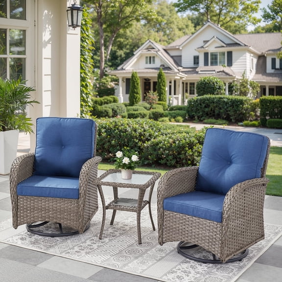 Planntonneo 3 Piece Wicker Patio Furniture Sets, Outdoor Swivel Rocking Chairs Set of 2 with Rattan Side Table for Deck Porch Pool, Grey/Blue