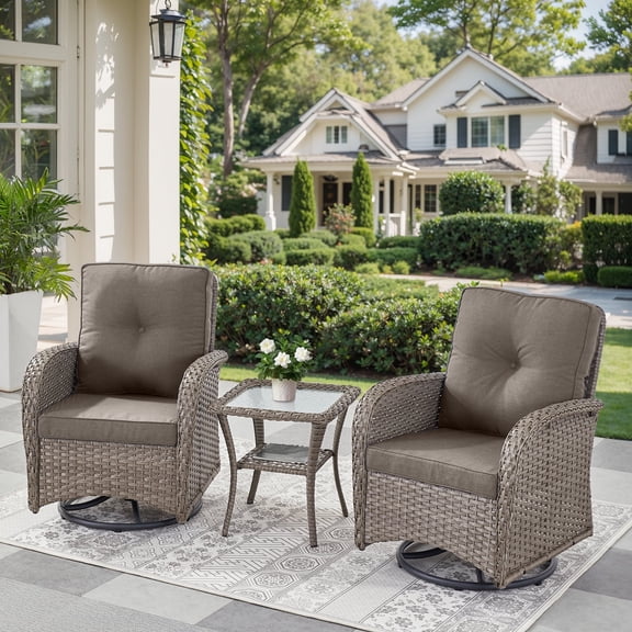 Planntonneo 3 Piece Wicker Patio Furniture Sets, Outdoor Swivel Rocking Chairs Set of 2 with Rattan Side Table for Deck Porch Pool, Grey/Grey