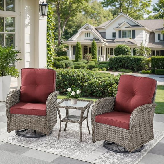 Planntonneo 3 Piece Wicker Patio Furniture Sets, Outdoor Swivel Rocking Chairs Set of 2 with Rattan Side Table for Deck Porch Pool, Grey/Red