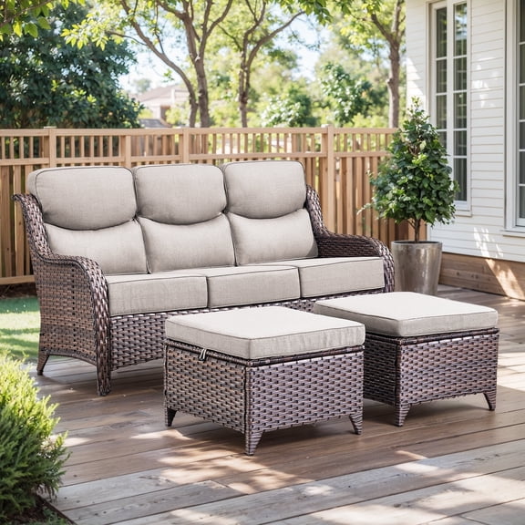 Planntonneo 3 Pieces Patio Furniture Sets-All Weather Wicker Rattan 3-Seat Sofa Set with 6" Cushion and Multifunctional Ottomans for Deck Backyard, Brown/Beige