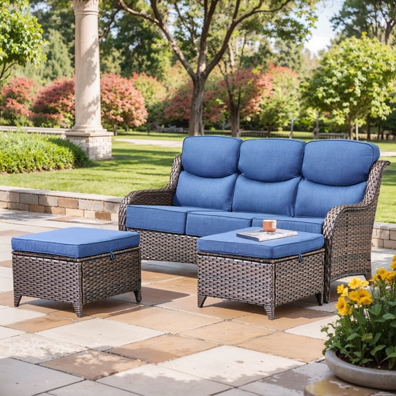 Planntonneo 3 Pieces Patio Furniture Sets-All Weather Wicker Rattan 3-Seat Sofa Set with 6" Cushion and Multifunctional Ottomans for Deck Backyard, Brown/Blue