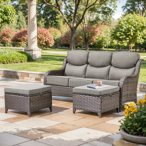 Planntonneo 3 Pieces Patio Furniture Sets-All Weather Wicker Rattan 3-Seat Sofa Set with 6" Cushion and Multifunctional Ottomans for Deck Backyard, Brown/Grey