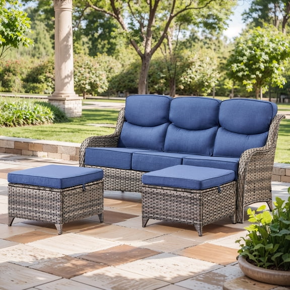 Planntonneo 3 Pieces Patio Furniture Sets-All Weather Wicker Rattan 3-Seat Sofa Set with 6" Cushion and Multifunctional Ottomans for Deck Backyard, Grey/Blue