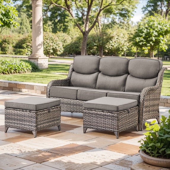 Planntonneo 3 Pieces Patio Furniture Sets-All Weather Wicker Rattan 3-Seat Sofa Set with 6" Cushion and Multifunctional Ottomans for Deck Backyard, Grey/Grey
