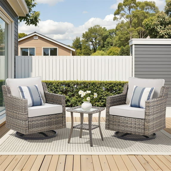 Planntonneo 3 Pieces Wicker Patio Furniture Set-Swivel Patio Chairs Set of 2 with Rattan Table, Outdoor Bistro Sets for Porch Deck Balcony Garden, Grey/Beige
