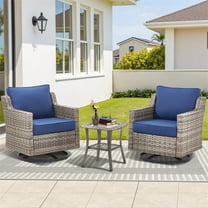 Planntonneo 3 Pieces Wicker Patio Furniture Set-Swivel Patio Chairs Set of 2 with Rattan Table, Outdoor Bistro Sets for Porch Deck Balcony Garden, Grey/Blue