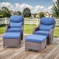 thumbnail image 1 of Planntonneo 4 Piece Wicker Patio Furniture Set with 2pcs Swivel Glider Chairs(6-inch Thick Cushions) and 2pcs Ottomans for Backyard, Porch, Balcony, Brown/Blue, 1 of 11