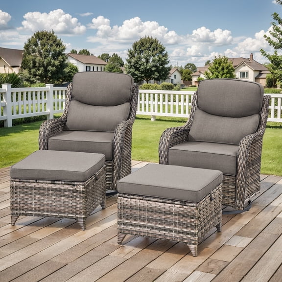 Planntonneo 4 Piece Wicker Patio Furniture Set with 2pcs Swivel Glider Chairs(6-inch Thick Cushions) and 2pcs Ottomans for Backyard, Porch, Balcony, Grey/Grey