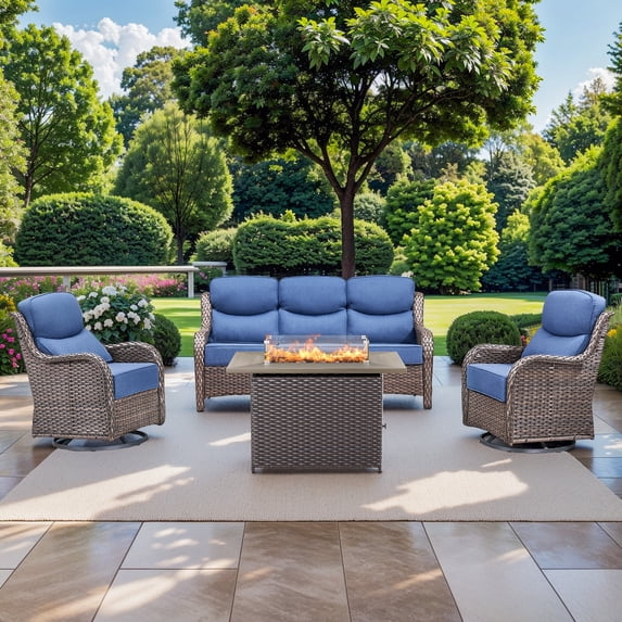 Planntonneo 4 Pieces Wicker Outdoor Patio Furniture Set with Fire Pit Table, 2 Swivel Rocking Chairs and Sofa with 6" Thick Cushion for Porch Deck Garden Backyard, Brown/Blue