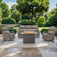 thumbnail image 1 of Planntonneo 4 Pieces Wicker Outdoor Patio Furniture Set with Fire Pit Table, 2 Swivel Rocking Chairs and Sofa with 6" Thick Cushion for Porch Deck Garden Backyard, Brown/Grey, 1 of 14